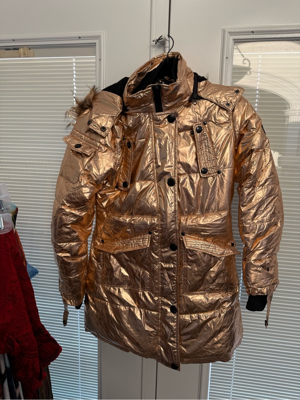 Celsius Premium Metallic Copper/Rose Gold Medium/Long Puffer Coat with Hood